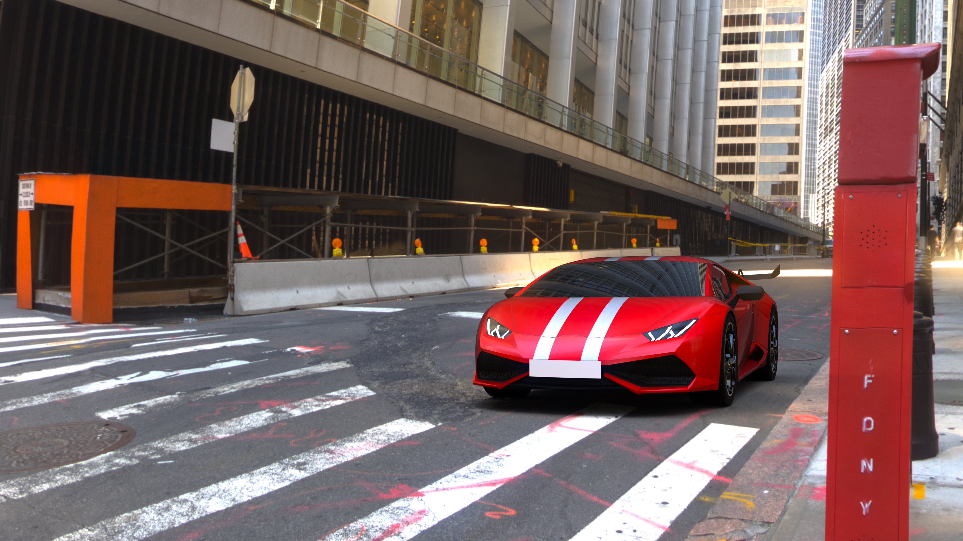 Render of the modeled Lamborghini Huracán in red with white racing stripes, parked on a city street